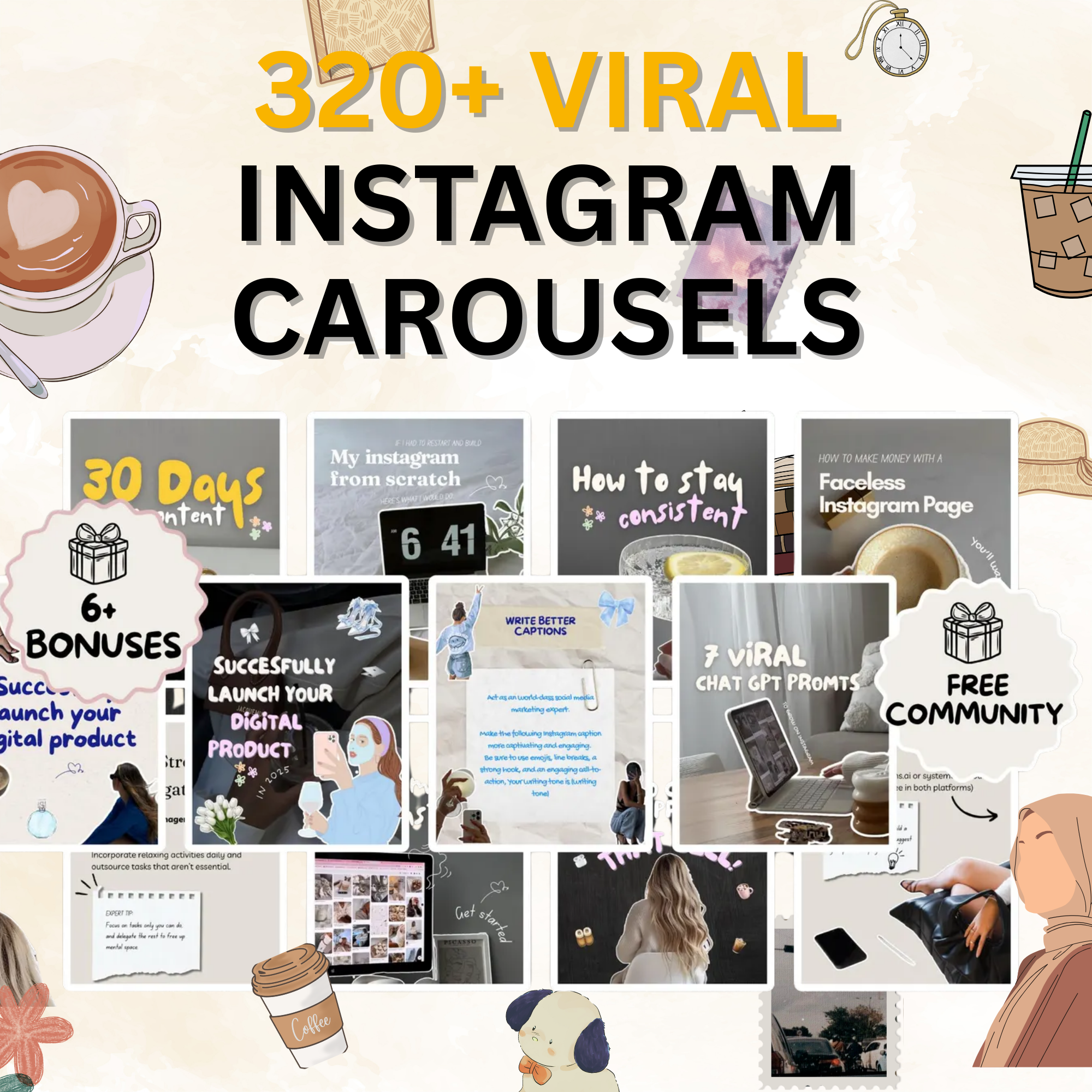 320 Aesthetic Carousel Templates + 350+ Trending Stickers | Digital Product for Canva & Social Media Marketing