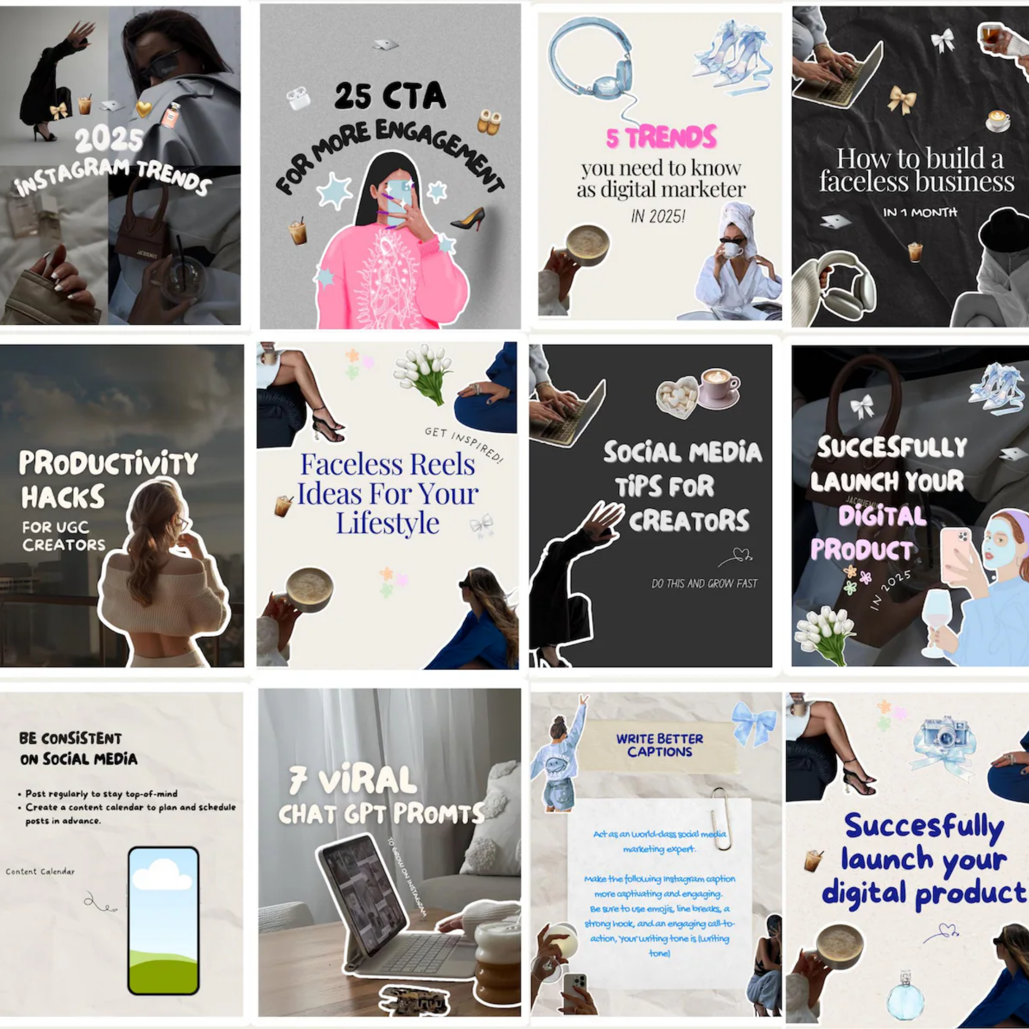 320 Aesthetic Carousel Templates + 350+ Trending Stickers | Digital Product for Canva & Social Media Marketing