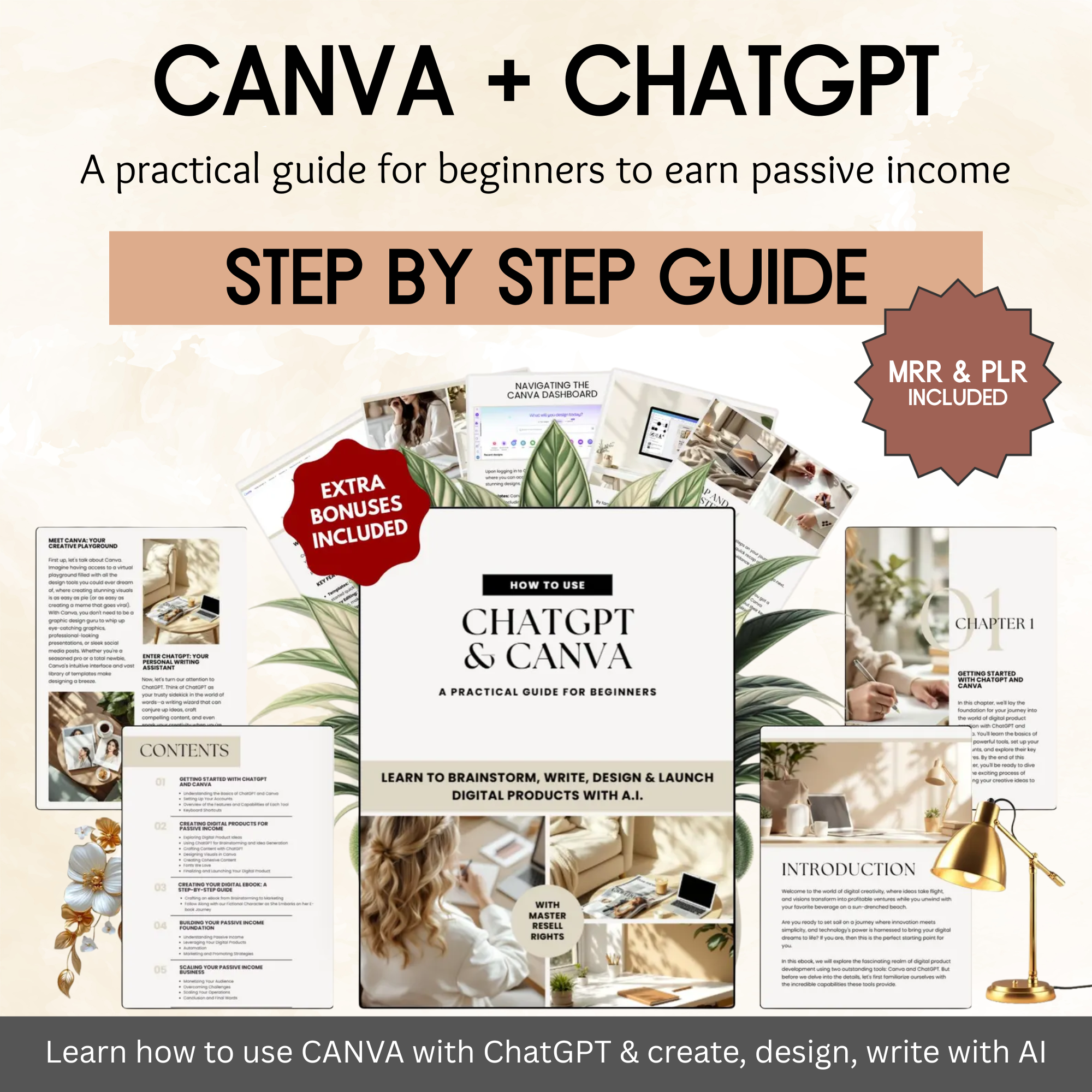 Complete ChatGPT + Canva Digital Product Creation eBook | Editable PLR/MRR Template (87 Pages + Extras)