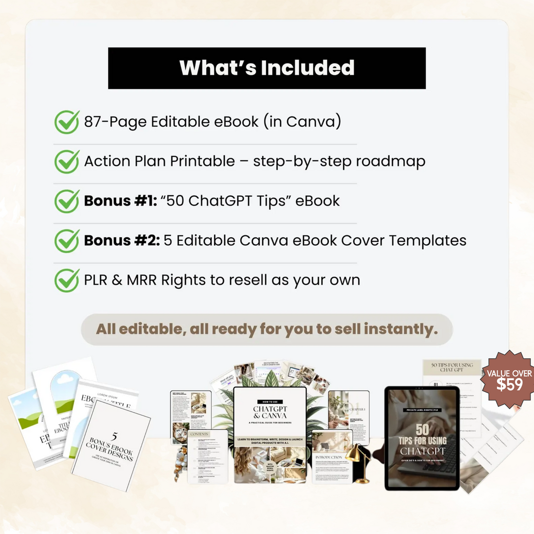 Complete ChatGPT + Canva Digital Product Creation eBook | Editable PLR/MRR Template (87 Pages + Extras)
